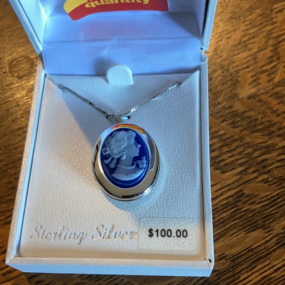 Ladies sterling silver 20M oval LKT rec front blue resin cameo lady necklace - Picture 2 of 4